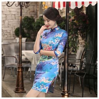 Janelle Qipao Elbow-Sleeve Printed Silk Qipao