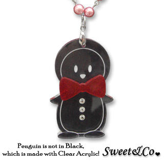 Sweet & Co. Bowtie Penguin with Red Pearl Silver Long Necklace