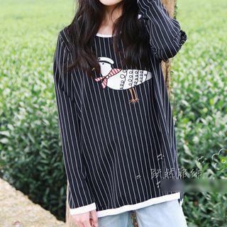 YR Fashion Long-Sleeve Embroidered Striped T-Shirt