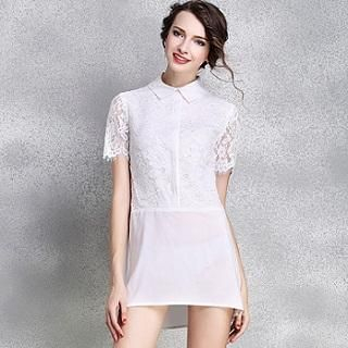 Ozipan Short-Sleeve Lace-Panel Plain Dress