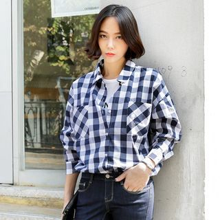 Seoul Fashion Tab-Sleeve Gingham Shirt