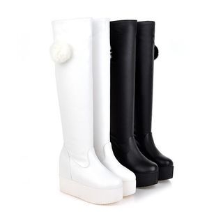 JY Shoes Pompom Accent Platform Tall Boots