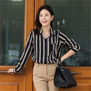 COCOAVENUE Tab-Sleeve Stripe Shirt