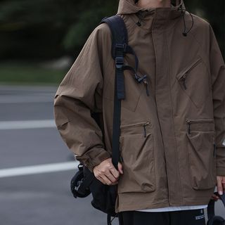 Stand Collar Plain Hood Zip Cargo Jacket