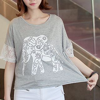 CLICK Lace-Trim Elephant Print T-Shirt