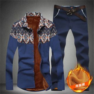 Alvicio Set: Fleece-lined Patterned Panel Shirt + Pants