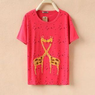 Cute Colors Short-Sleeve Giraffe Print Appliqu  T-Shirt