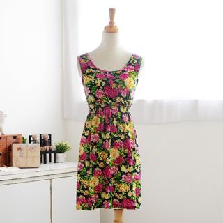 59 Seconds Floral Print Pleated Sleeveless Dress Navy Blue - One Size