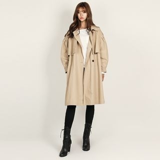 FASHION DIVA Balloon-Sleeve Flap Trench Coat with Belt