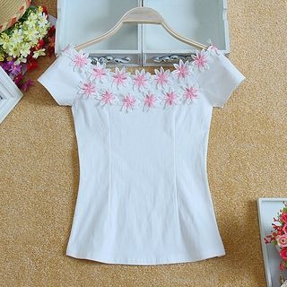 Daina Off-Shoulder Floral Applique Short-Sleeve Top