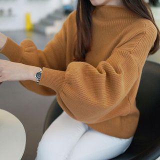 anzoveve Mock-Neck Lantern-Sleeve Sweater