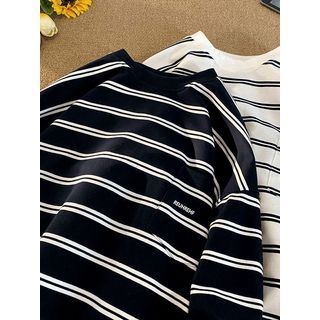 Crew Neck Striped Lettering Print Oversized Sweatshirt