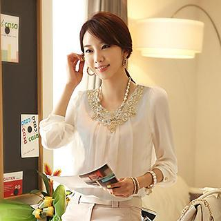 Lovebirds Long-Sleeve Lace-Neckline Pleated Chiffon Blouse