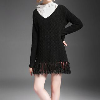 Alaroo V-Neck Fringe Cable Knit Sweater