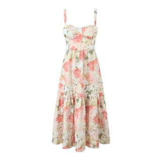 Sleeveless V-Neck Floral Print Open Back Maxi A-Line Dress