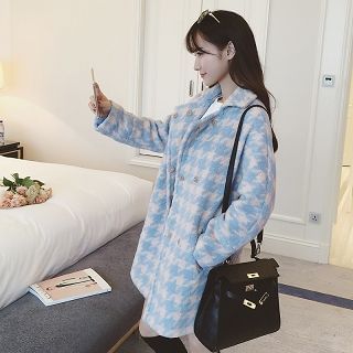 Colorful Shop Houndstooth Loose-Fit Hooded Coat
