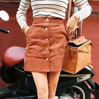 Octavia Button-Front Corduroy Skirt