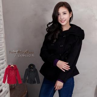 RingBear Double-Breasted Waistband Hooded Woolen Jacket