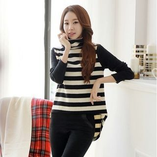 Styleonme Turtle-Neck Dip-Back Striped Top