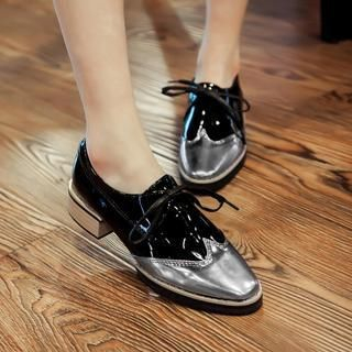 JY Shoes Lace-Up Patent Chunky Heel Pumps