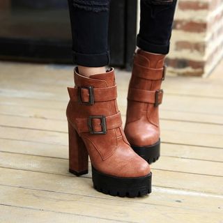 JY Shoes Platform Block Heel Strapped Short Boots