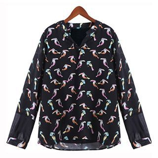 Cherry Dress Long-Sleeve Bird Print Top