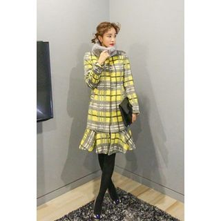 PPGIRL Round-Neck Checked Coat With Faux-Fur Scarf