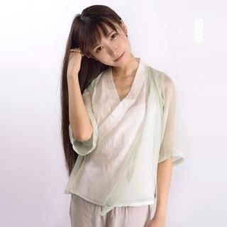 Rivulet Set: Sleeveless Wrap-Front Chinese Top + Sheer Jacket