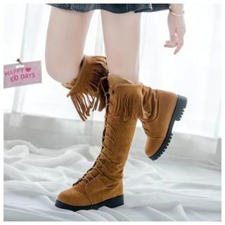 BAYO Faux Suede Fringed Lace Up Tall Boots