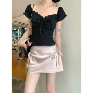 Puff-Sleeve Lace Bow-Accent Blouse Black - One Size