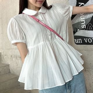 Short-Sleeve Collared Plain Blouse White - One Size