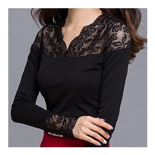 Camellia Lace Panel V-Neck Fleece-Lined Top