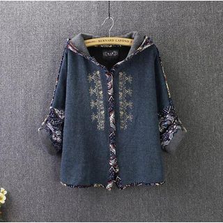 Blue Rose Print Panel Hooded Cardigan