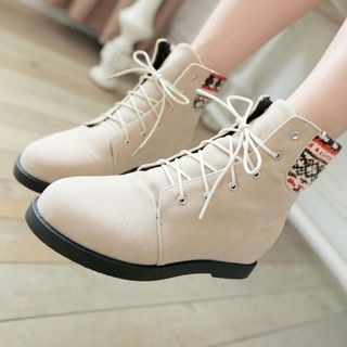Pangmama Patterned Panel Lace Up Ankle Boots