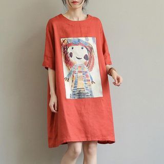 Elbow-Sleeve Crew Neck Cartoon Print Smock Dress