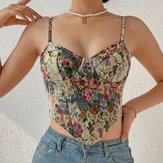 Spaghetti-Strap Floral Print Crop Corset Top