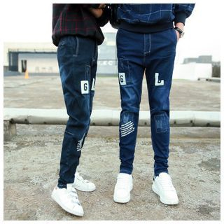 Simpair Matching Couple Print Washed Jeans