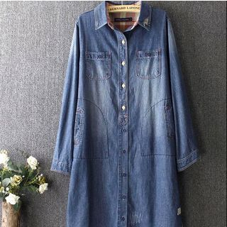 Blue Rose Plaid Panel Long Denim Shirt