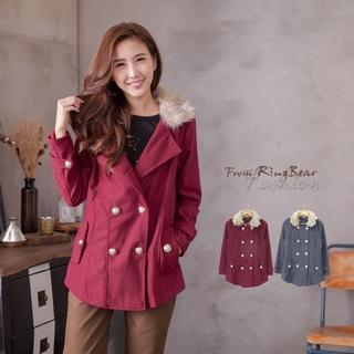 RingBear Bouble-Breasted Removable-Fleece-Collar Coat