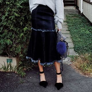 chuu Fringed Denim Midi Mermaid Skirt