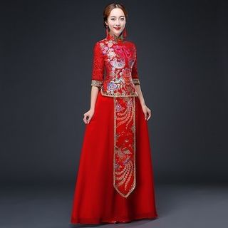 Royal Style Lace-Sleeve Wedding Cheongsam