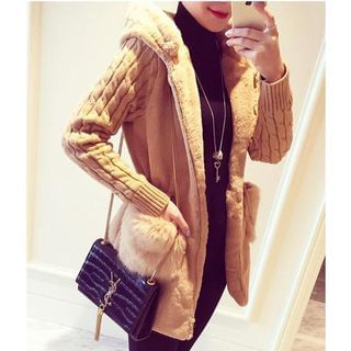 MORTION Hooded Knit Panel Long Furry Jacket