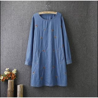 Blue Rose Long-Sleeve Embroidered Flower Denim Dress