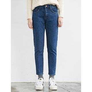 FROMBEGINNING Band-Waist Brushed-Fleece Lined Jeans
