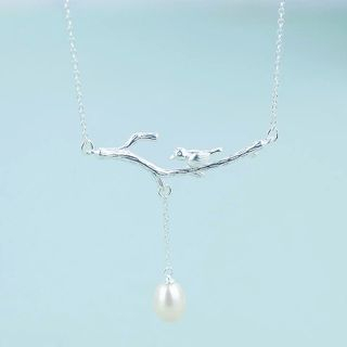 LoveGem Sterling Silver Bird and Branch Pearl Necklace