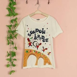 Cute Colors Short-Sleeve Embroidered Bridge Print T-Shirt