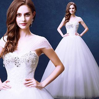 Angel Bridal Cap-Sleeve Rhinestone Lace Ball Gown Wedding Dress