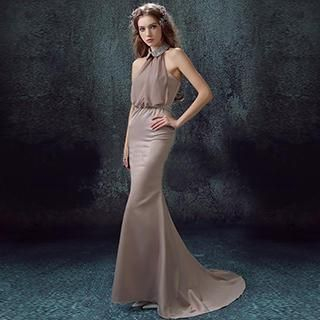 Angel Bridal Halter Embellished-Collar Evening Gown