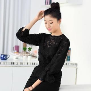 59 Seconds Long-Sleeve Flower Embroidered Mesh Top Black - One Size