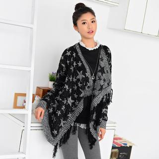 59 Seconds Star Print Fringed Chunky Cardigan Black- One Size